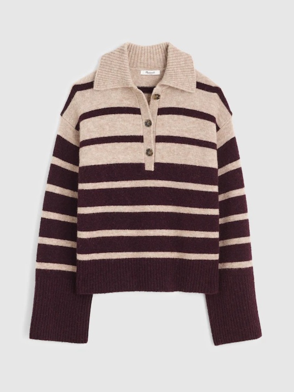 Madewell CloudSoft Polo Sweater size S/Small Stripe Collared Cream Maroon
